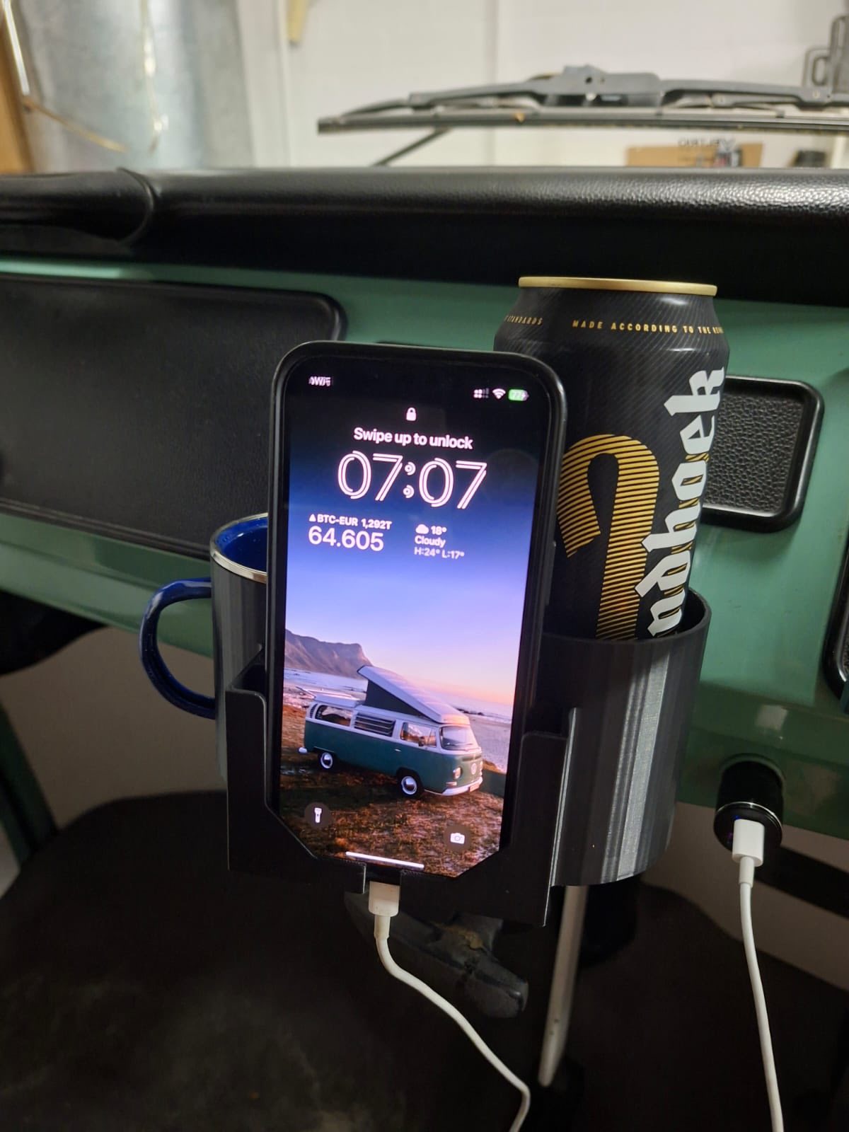 Kombi cup holder with phone mount installed on dashboard